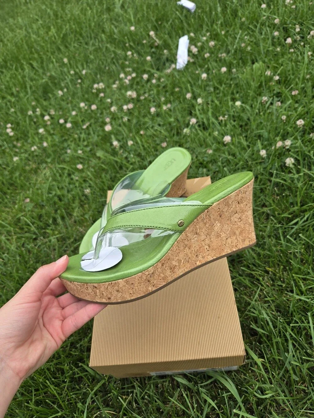 UGG Natassia Green Leather Cork Wedge Platform Thong Sandals NIB Size 8